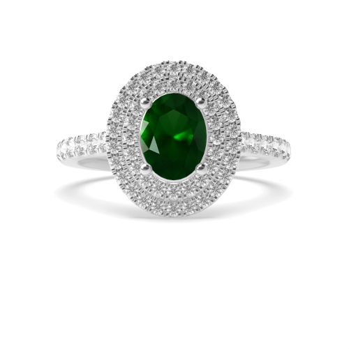 4 Prong Oval Double Emerald Halo Engagement Rings