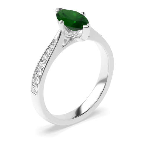 4 Prong Pave set tapered shank Emerald Side Stone Engagement Rings