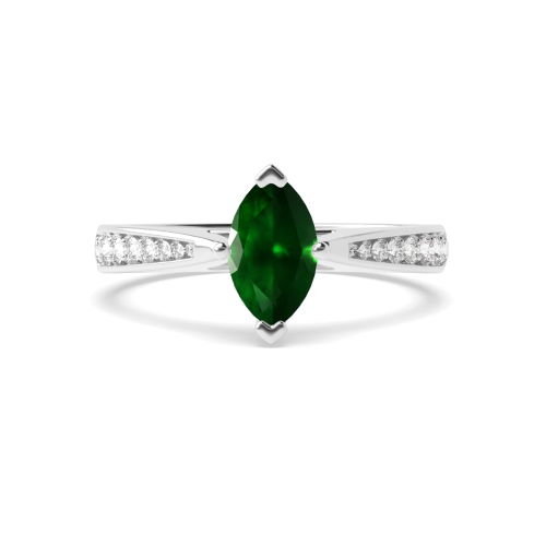 4 Prong Pave set tapered shank Emerald Side Stone Engagement Rings