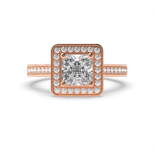 4 Prong Princess Rose Gold Pave set shank Halo Engagement Rings