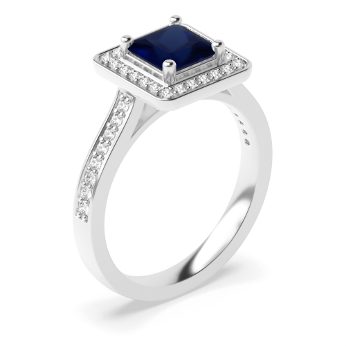 4 Prong Princess Pave set shank Blue Sapphire Engagement Rings