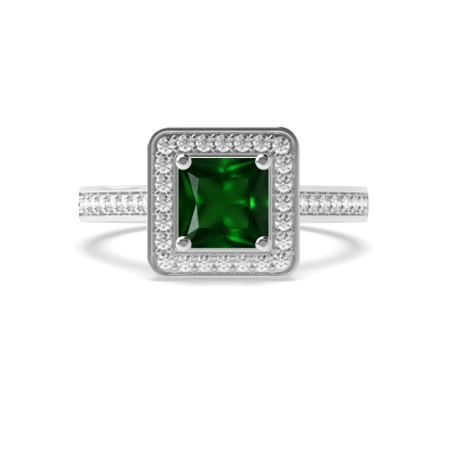 4 Prong Princess Pave set shank Emerald Halo Engagement Rings