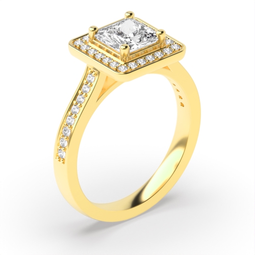 4 Prong Princess Yellow Gold Pave set shank Engagement Rings