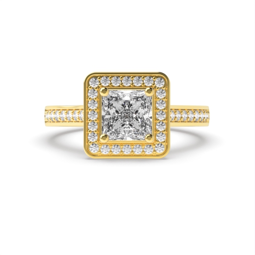 4 Prong Princess Yellow Gold Pave set shank Engagement Rings