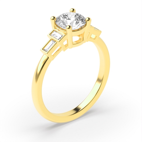 4 Prong Round Yellow Gold Unique baguette accented Antique Engagement Rings