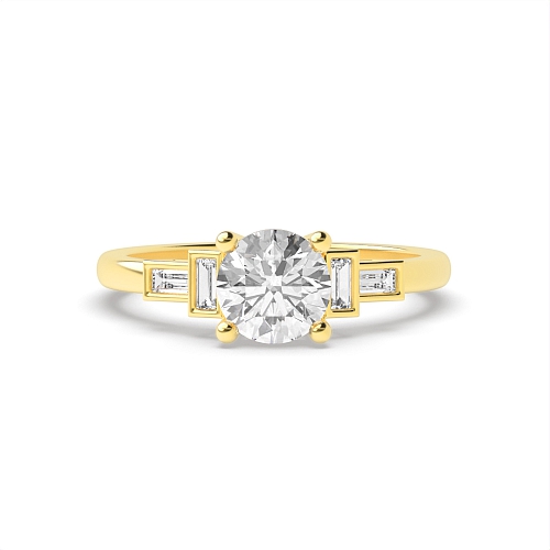 4 Prong Round Yellow Gold Unique baguette accented Antique Engagement Rings