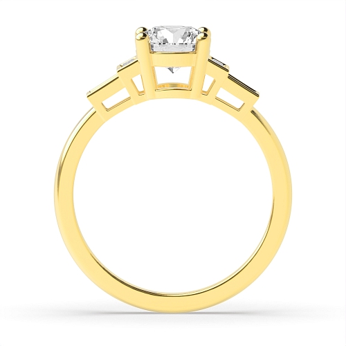 4 Prong Round Yellow Gold Unique baguette accented Antique Engagement Rings