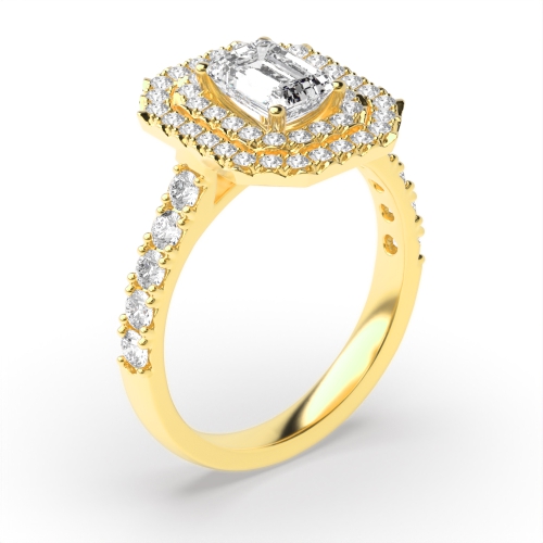 4 Prong Setting Radiant Shape two Row Halo Diamond Engagement Rings