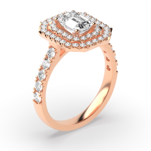 4 Prong Radiant Rose Gold Accented double Halo Engagement Rings