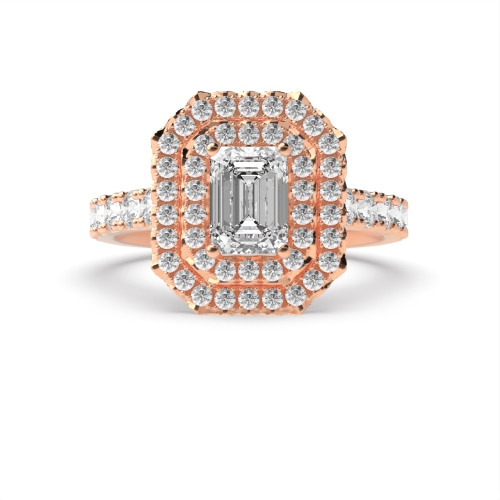 4 Prong Radiant Rose Gold Accented double Halo Engagement Rings
