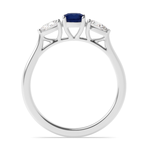 4 Prong Round/Pear With Gallery Blue Sapphire Three Stone Diamond Ring