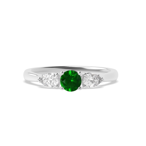 4 Prong Round/Pear With Gallery Emerald Three Stone Diamond Ring