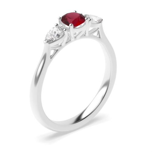 4 Prong Round/Pear With Gallery Ruby Three Stone Diamond Ring