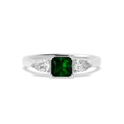 4 Prong Princess/Pear High Set Emerald Three Stone Diamond Ring