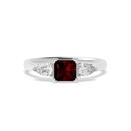 4 Prong Princess/Pear High Set Ruby Three Stone Diamond Ring
