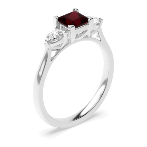 4 Prong Princess/Pear High Set Ruby Three Stone Diamond Ring