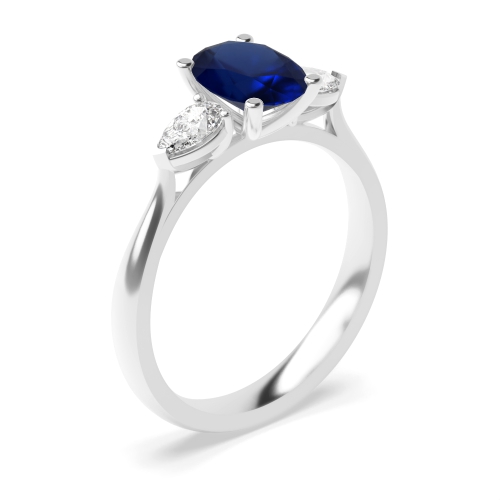 4 Prong Oval/Pear Blue Sapphire Three Stone Diamond Ring