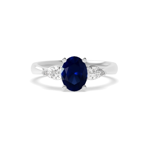 4 Prong Oval/Pear Blue Sapphire Three Stone Diamond Ring