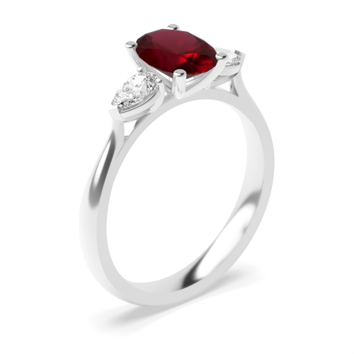 4 Prong Oval/Pear Ruby Three Stone Diamond Ring