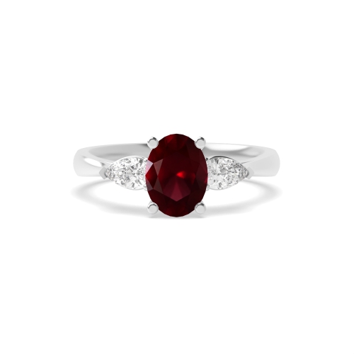 4 Prong Oval/Pear Ruby Three Stone Diamond Ring