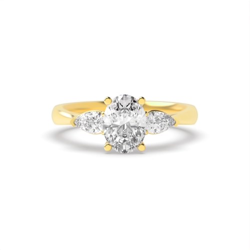 4 Prong Oval/Pear Yellow Gold Three Stone Engagement Ring