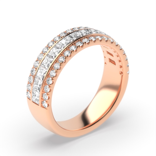 Channel Setting Princess Rose Gold Three row round and Diamond Band Engagement Rings
