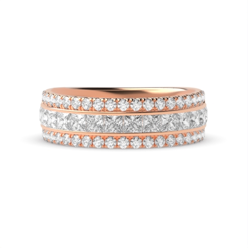 Channel Setting Princess Rose Gold Three row round and Diamond Band Engagement Rings