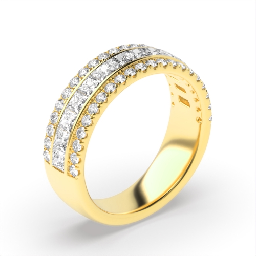 Channel Setting Princess Yellow Gold Three row round and Eternity Engagement Rings