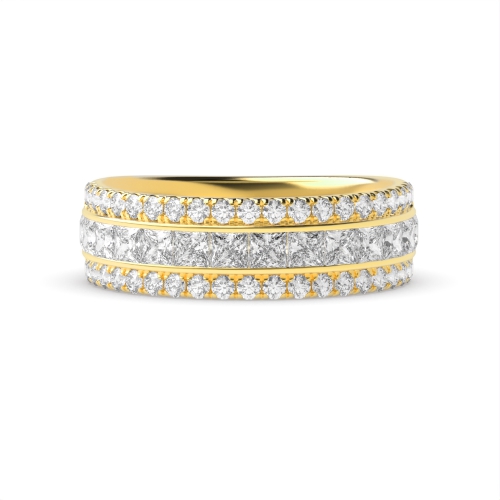 Channel Setting Princess Yellow Gold Three row round and Eternity Engagement Rings