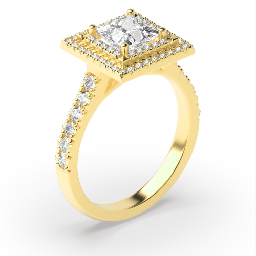 4 Prong Setting Princess Shape 2 Row Halo Diamond Engagement Rings