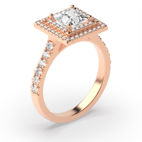 4 Prong Princess Rose Gold Double Halo Engagement Rings