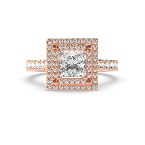 4 Prong Princess Rose Gold Double Halo Engagement Rings