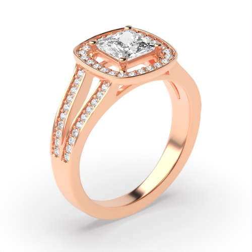 4 Prong Princess Rose Gold Split band Halo Engagement Rings