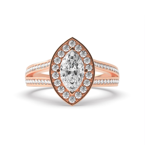 4 Prong Marquise Rose Gold Split band Halo Engagement Rings
