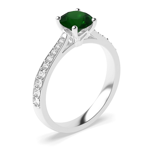 4 Prong Tappered shoulder set Emerald Side Stone Engagement Rings
