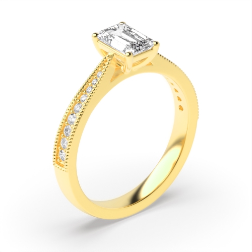 4 Prong Radiant Yellow Gold Milligrain edge shoulder Engagement Rings