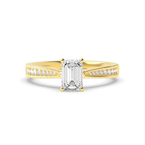 4 Prong Radiant Yellow Gold Milligrain edge shoulder Engagement Rings