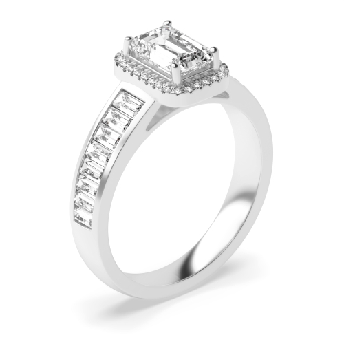 Prong Setting Emerald Shape Baguette on Shoulder Halo Diamond Engagement Rings