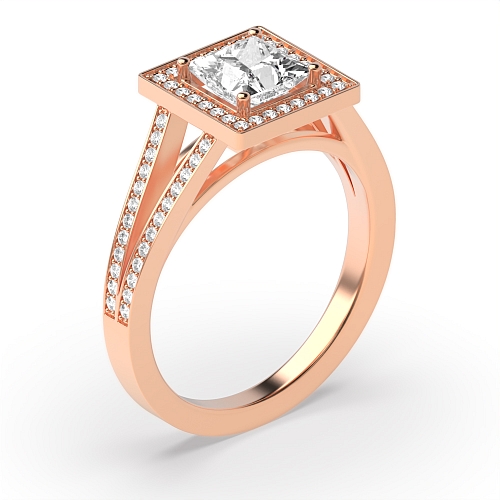 4 Prong Princess Rose Gold Two row shank delicate Halo Engagement Rings