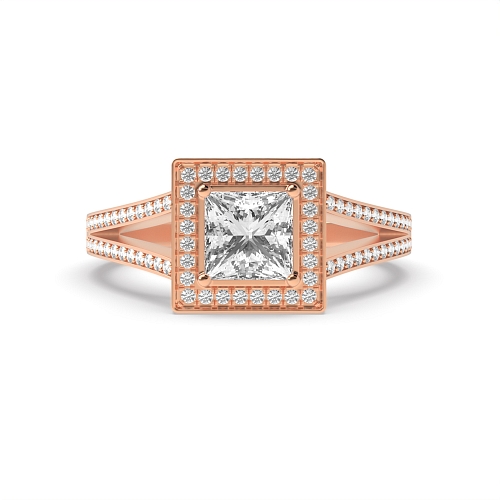 4 Prong Princess Rose Gold Two row shank delicate Halo Engagement Rings