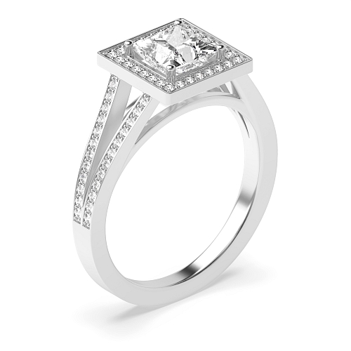 4 Prong Princess Platinum Two row shank delicate Halo Engagement Rings