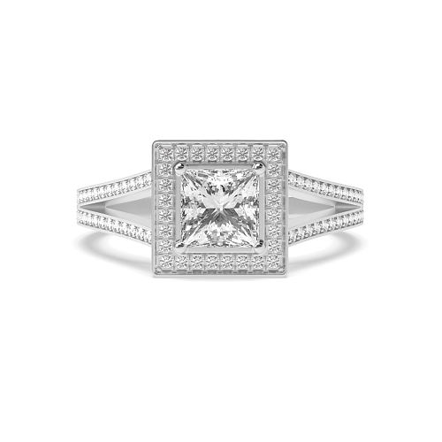 4 Prong Princess Platinum Two row shank delicate Halo Engagement Rings