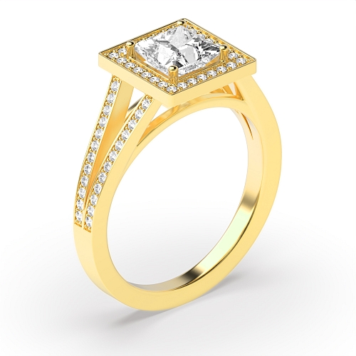4 Prong Princess Yellow Gold Two row shank delicate Engagement Rings