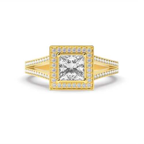 4 Prong Princess Yellow Gold Two row shank delicate Engagement Rings