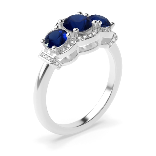 4 Prong Round Three stone big Blue Sapphire Engagement Rings