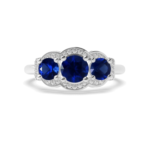 4 Prong Round Three stone big Blue Sapphire Engagement Rings