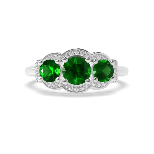 4 Prong Round Three stone big Emerald Engagement Rings