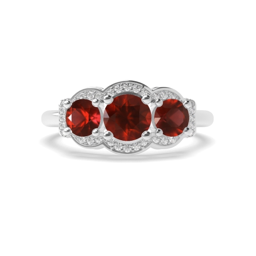 4 Prong Round Three stone big Garnet Halo Engagement Rings