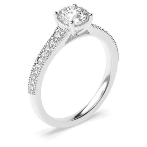 4 Prong Round Silver Tapered up shoulder with milligrain edge Side Stone Engagement Rings