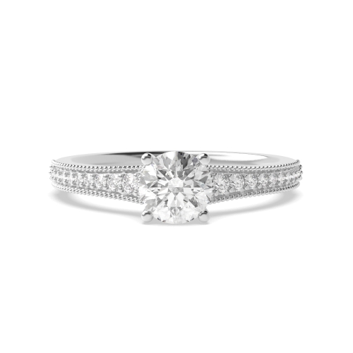 4 Prong Round Silver Tapered up shoulder with milligrain edge Side Stone Engagement Rings